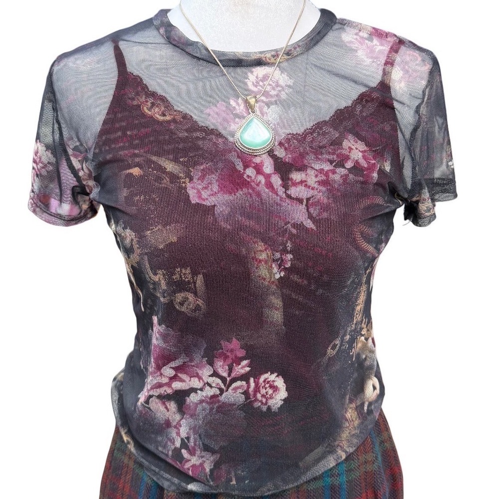 Y2K Cherub Angel Floral Mesh Top Dark Sheer Baby Tee‎ Small Ethereal Whimsigoth